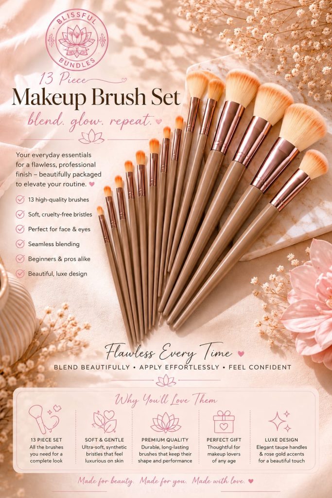 Thirteen-piece makeup brush set included in the Queen Bee Box
